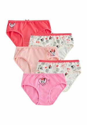 Fünf Mädchen-Slips in Pink, Koralle und Weiß mit Minnie-Maus-Prints und kleinen dekorativen Schleifen am Bund.