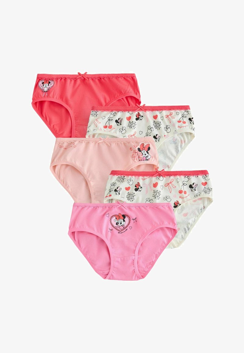 Cinq culottes pour filles en rose, corail et blanc, avec des imprimés de Minnie Mouse et de petits nœuds décoratifs sur la ceinture.
