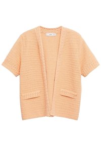 Pfirsichfarbene kurzärmlige Strickjacke, strukturierter Strick mit offenem Vorderteil, ausgestattet mit zwei Fronttaschen und einem gerippten Kragen. Weiches Material und lässiges Design.