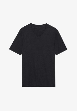 Black V-neck t-shirt made of lightweight fabric. Short sleeves, relaxed fit, and subtle texture. No visible patterns or hardware details.