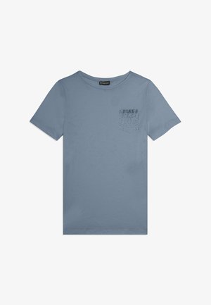 Maglietta blu a maniche corte con scollo tondo e piccolo dettaglio di tasca decorativa sul petto sinistro con il nome del marchio Freddy.