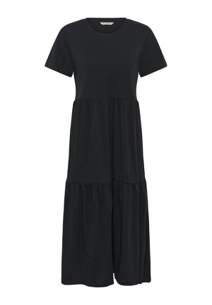 Zwarte midi-jurk met korte mouwen en geplooide lagen, een ronde halslijn en geraapte naden die zorgen voor een losse, vloeiende silhouet.