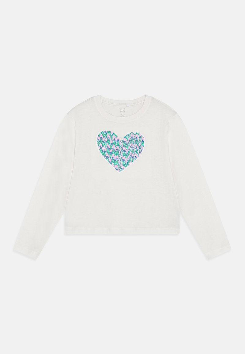 White long-sleeve shirt featuring a heart-shaped design filled with blue, green, and purple pattern near the center. Soft cotton material.