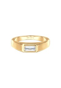 Gouden ring van zilver met een rechthoekige lichtblauwe steen in een verhoogde rechthoekige zetting, gladde band en gepolijste afwerking.
