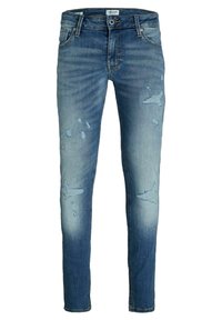 Smala jeans i blå denim, med en tvättad effekt, slitna detaljer och en femficksdesign med knäppning.