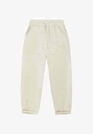 Beige fleece sweatpants with elastic waistband, drawstring, side pockets, and cuffed ankles.