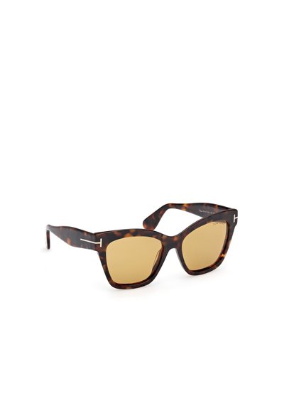 Ochelari de soare cu rame pătrate din fiertură de țestoasă. Lentile maro și accente metalice elegante pe laturi. Design îndrăzneț și modern.