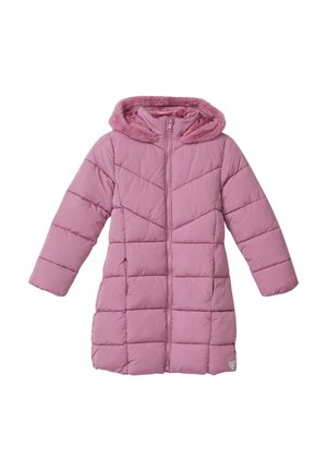 Manteau d'hiver matelassé rose avec capuche, fermeture éclair devant et poches latérales, conçu pour temps froid.
