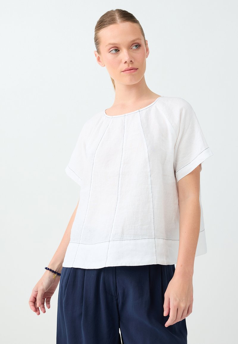 Femme aux cheveux attachés, portant un chemisier blanc ample à manches courtes et un pantalon large foncé sur un fond clair uni.