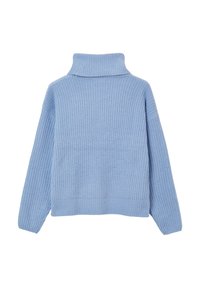 Hellblauer gestrickter Pullover mit hohem, umgeschlagenem Kragen und langen Ärmeln. Verfügt über ein strukturiertes Design und einen lockeren, entspannten Schnitt.
