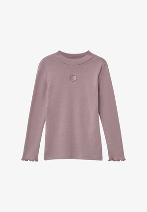 Purple long-sleeve shirt with a rounded neckline and ruffled cuffs. Features a pink heart design on the chest. Soft cotton material.