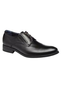 Zapato de vestir de cuero negro con un acabado liso, punta redondeada, tacón bajo y acentos burdeos en los cordones. Diseño elegante, con un brillo sutil.