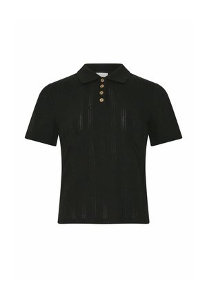 Juoda polo marškinėliai su tekstūruotu raštu, su apykakle ir penkiomis rudos spalvos sagomis priekyje. Trumpomis rankovėmis ir klasikinis kirpimas.