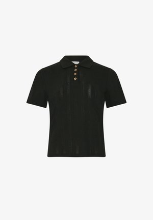 Schwarzes Polohemd mit strukturiertem Muster, Kragen und fünf braunen Knöpfen auf der Vorderseite. Kurze Ärmel und klassische Passform.