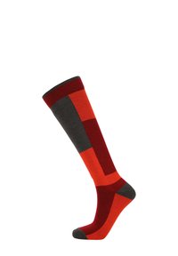 Knähöga strumpor med ett mönster av röd, mörkröd och grå block. Gjorda av mjukt tyg med en ribbad topp för passform och komfort.