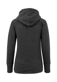 Sudadera de manga larga gris oscuro vista desde atrás, con capucha y puños y dobladillo de punto.