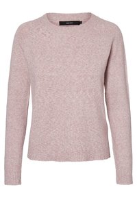 Pull tricoté rose clair avec un col rond, des manches longues et un ourlet côtelé. La texture semble douce et légèrement duveteuse.