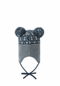 Wełniana czapka w ciemnoniebieskim i białym kolorze z pomponami na górze. Posiada geometryczny wzór oraz klapy na uszy z troczkami do zawiązywania pod brodą.