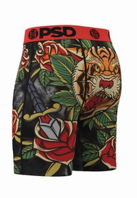 Bokserki męskie z czarnym tłem, misternym wzorem z tygrysami i różami w kolorach czerwonym i zielonym oraz czerwonym elastycznym pasem w talii z napisem "PSD".