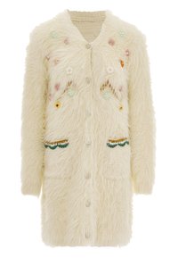 Cardigan crema soffice con ricami floreali in colori pastello, due tasche e bottoni decorativi. Il tessuto testurizzato crea un aspetto morbido.