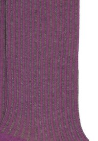 Calzini viola con una texture a coste, con sottili righe grigie. Il tessuto sembra morbido ed elastico, adatto per un abbigliamento casual.