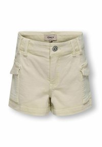 Beżowe szorty cargo wykonane z miękkiej bawełny, z bocznymi kieszeniami, z przodu zapinane na guzik oraz ze przeszyciami, które dodają tekstury.