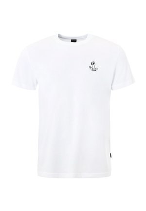 T-shirt blanc à manches courtes avec un petit motif noir d'un canard portant des lunettes de soleil et le texte "Guden Duck" sur le côté gauche de la poitrine.