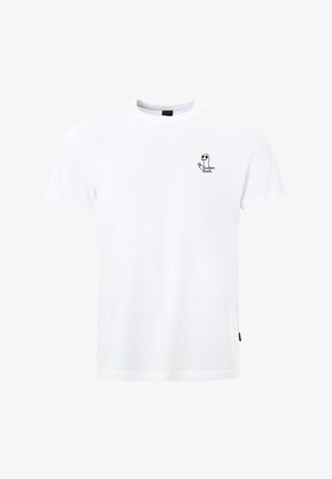 T-shirt blanc à manches courtes avec un petit motif noir d'un canard portant des lunettes de soleil et le texte "Guden Duck" sur le côté gauche de la poitrine.