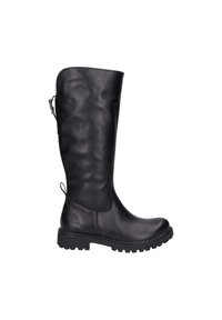 Bota de cuero negro hasta la rodilla con punta redondeada, caña texturizada, cremallera lateral y suela resistente. Cuenta con una lengüeta en la parte posterior.