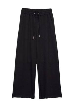 Czarne spodnie o szerokich nogawkach z elastycznym pasem i regulowanym sznurkiem, z kieszeniami po bokach i luźnym krojem.