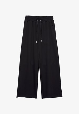 Pantalon noir à jambes larges avec taille élastique et cordon réglable, avec poches latérales et coupe décontractée.