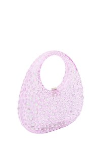 Borsa trasparente rosa con forma arrotondata, texture a pois e dettagli metallici, dotata di manico e chiusura a gancio brillante.