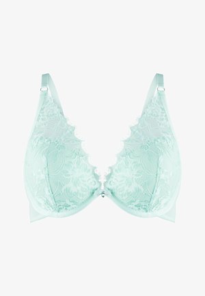 Soutien-gorge en dentelle vert menthe avec bretelles ajustables, motif floral et un subtil volant le long des bords, doté d'un fermoir décoratif à l'avant.