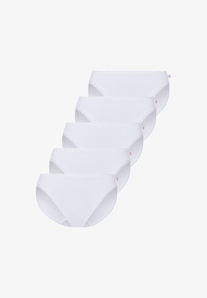 Fünf Paare weißer Baumwollunterhosen mit glatter Textur, niedrigem Schnitt und kleinen rosa Logo-Akzenten auf dem Taillenbund.