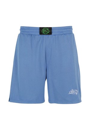 Light blue mesh shorts with a black elastic waistband featuring a green logo tag. Notable white logo detail on the lower left hem.