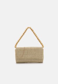 Perlesnorremet lavet af struktureret beige materiale med en firkantet form; har et vævet mønster og metallic detaljer.