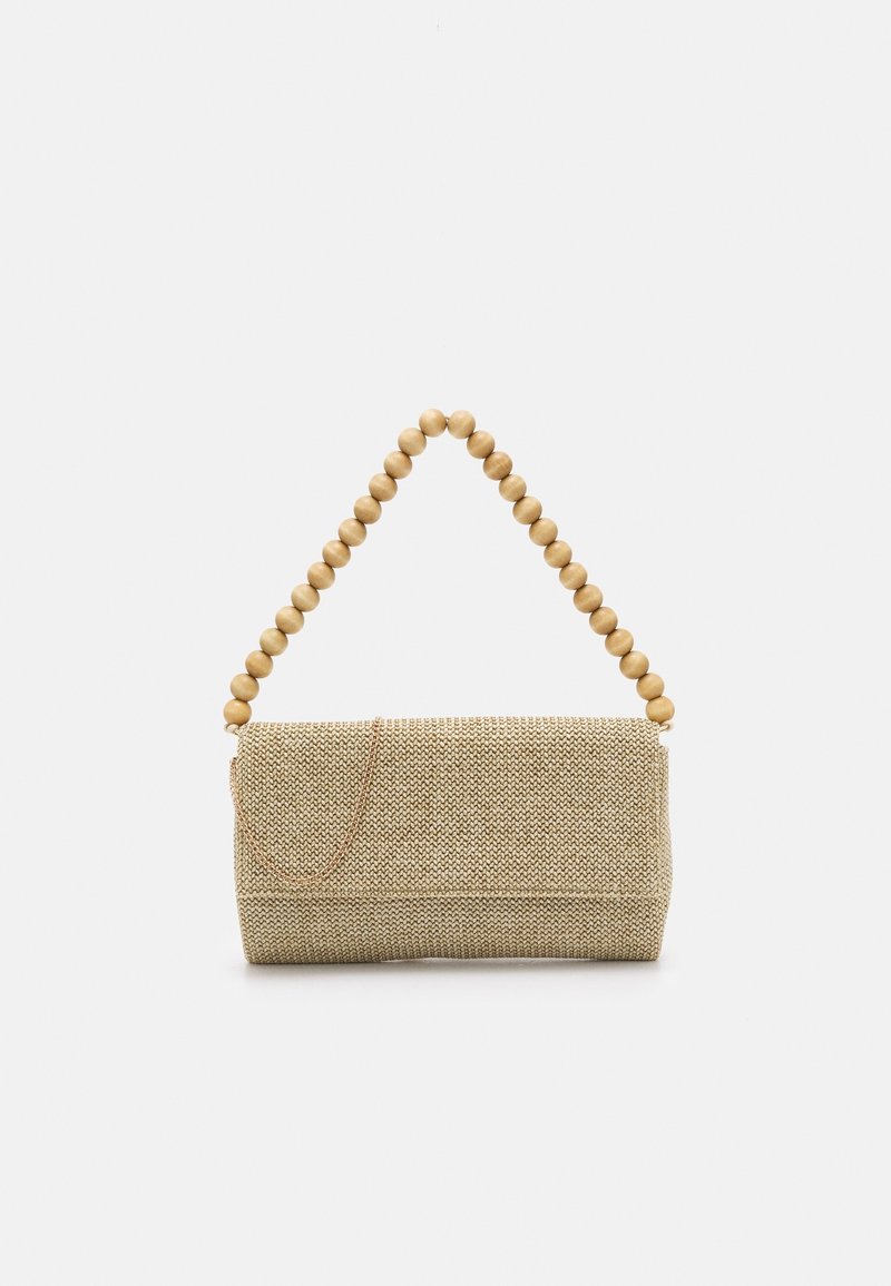 Perlesnorremet lavet af struktureret beige materiale med en firkantet form; har et vævet mønster og metallic detaljer.