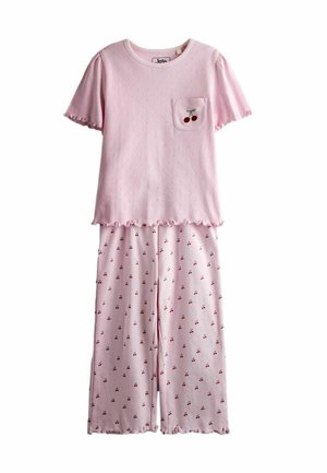 Light pink short-sleeve pajama set with ruffled edges, small cherry embroidery on chest pocket, and scattered cherry print on wide-leg pants.