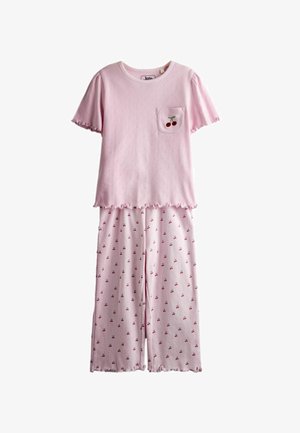 Hellrosa Kurzarm-Pyjama-Set mit Rüschensaum, kleiner Kirschenstickerei auf der Brusttasche und verstreutem Kirschmuster auf der weit geschnittenen Hose.