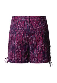 Pantalones cortos de tela con estampado en tonos morados y negros, con lazos laterales y dos bolsillos de ojal en la parte trasera.