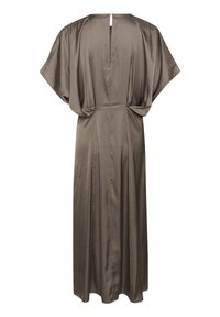Lång, olivgrön satin klänning med lös design, kimono-inspirerade ärmar, V-formad rygg och ett centralt veck. Bakre stängning med en krok.