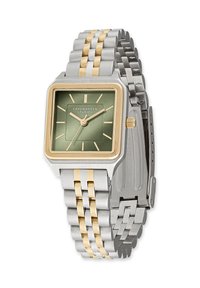 Viereckige Uhr mit grünem Zifferblatt, goldenen Akzenten und einem zweifarbigen Armband aus Edelstahl mit silbernen und goldenen Gliedermustern.