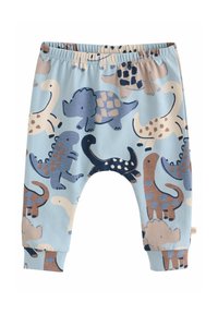 Pantalones de algodón azul claro con un divertido patrón de dinosaurios en tonos azul oscuro, marrón y beige, con una cintura elástica y piernas acampanadas.