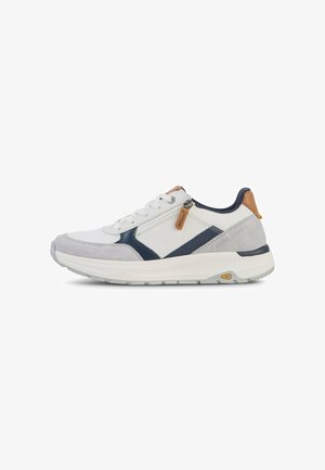 Sneaker bianca e grigia con dettagli blu navy e beige, chiusura con lacci frontale, cerniera laterale e suola ammortizzata.