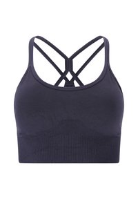 Sport-BH in Marineblau aus weichem Stoff, mit einem einzigartigen überkreuzten Rückendesign und einem strukturierten gerippten Bündchen für zusätzlichen Halt.