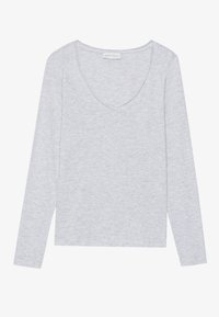 Light gray long-sleeve shirt with a v-neckline, made from soft fabric, featuring a simple design and no patterns or accents.