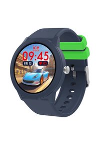 Montre digitale avec un bracelet en silicone bleu marine, des accents verts et un cadran rond affichant un graphique de voiture, l'heure, la date et le rythme cardiaque.