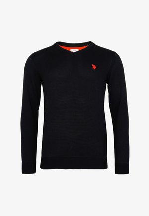 Zwarte lange mouwen V-hals trui met rode geborduurde US Polo Assn. logo op de linkerkant van de borst en geribde manchetten en zoom.