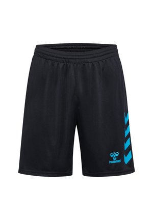 Shorts de sport noirs avec taille élastique, ornés de bandes chevrons bleues et d'un petit logo hummel bleu sur la jambe droite.