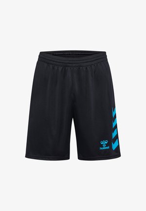 Shorts de sport noirs avec taille élastique, ornés de bandes chevrons bleues et d'un petit logo hummel bleu sur la jambe droite.